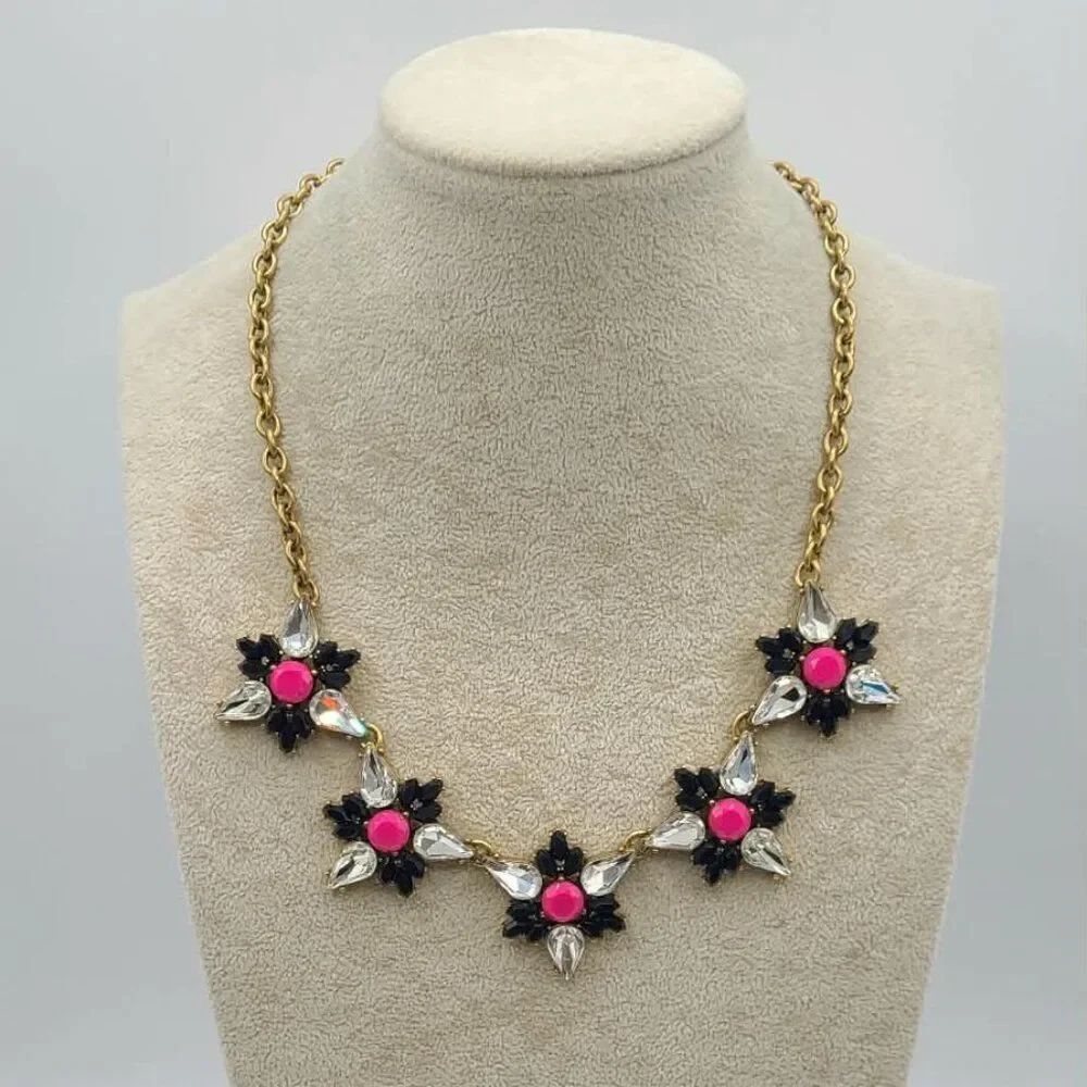 J Crew Pink Navy Clear Crystal Resin Gold Tone Necklace